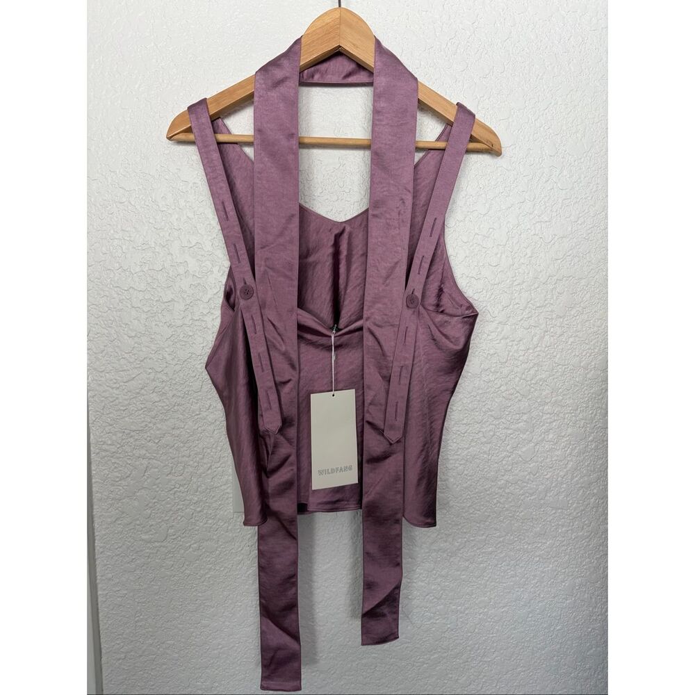Wildfang “Empower” Satin Cami Halter Scarf Neck Tie Back Mauve M NWT - Picture 5 of 12